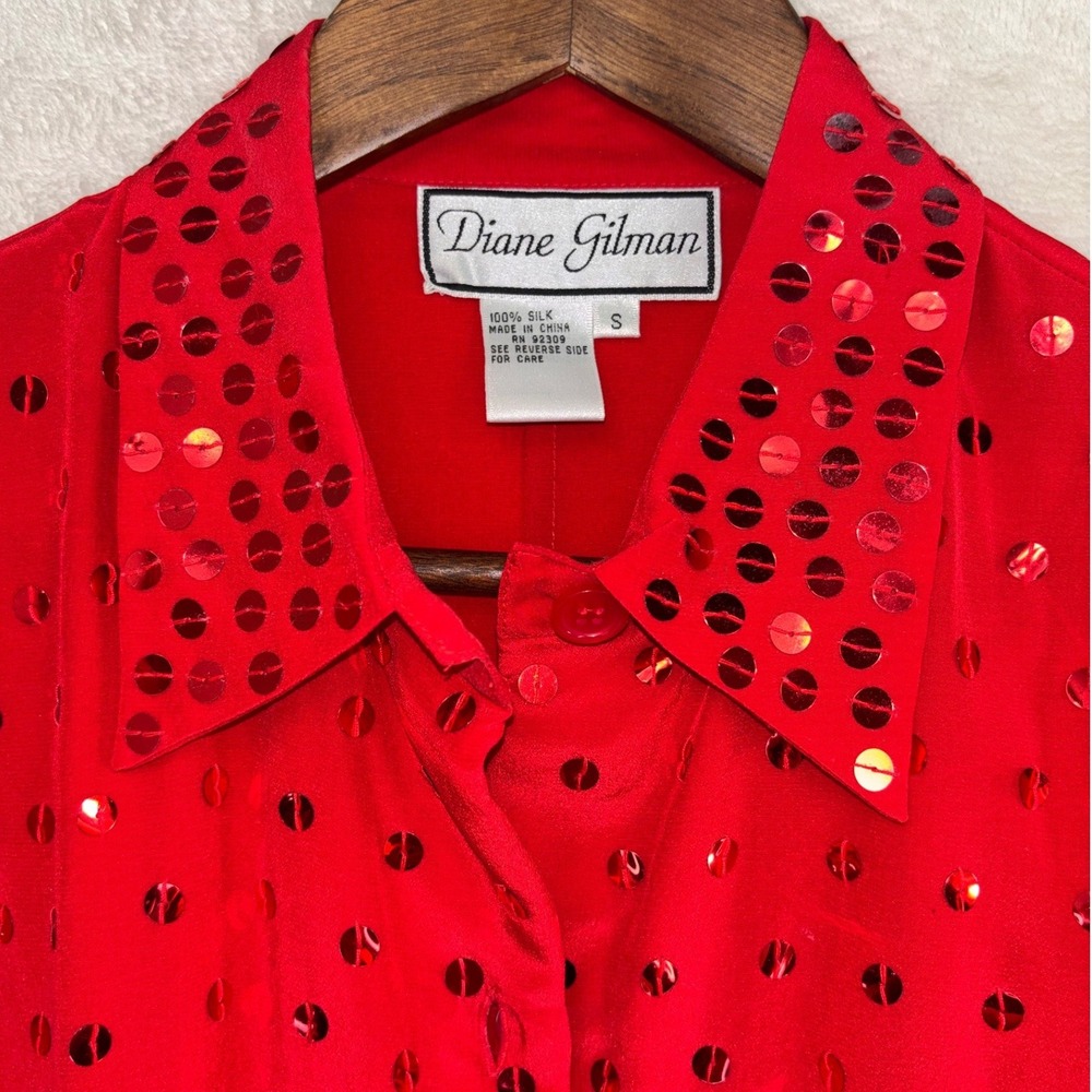 VINTAGE 100% SILK BLOUSE Red Sequin Diane Gilman Button Down Sparkle Long Sleeve